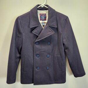 Brooks Brothers Fleece Boys Navy Blue Wool Blend Double Breasted Pea Coat Size M